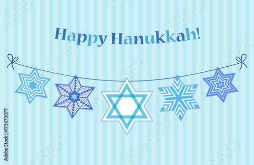 Cute festive bunting flags Happy Hanukkah in traditional colors