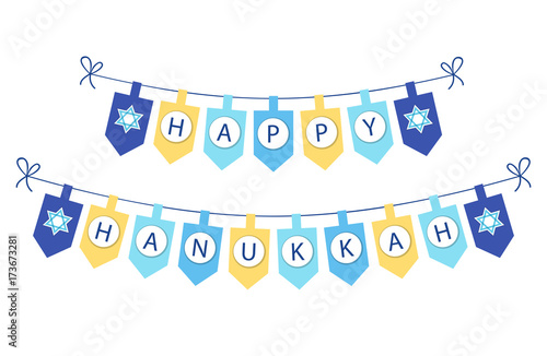 Cute festive bunting flags Happy Hanukkah in traditional colors