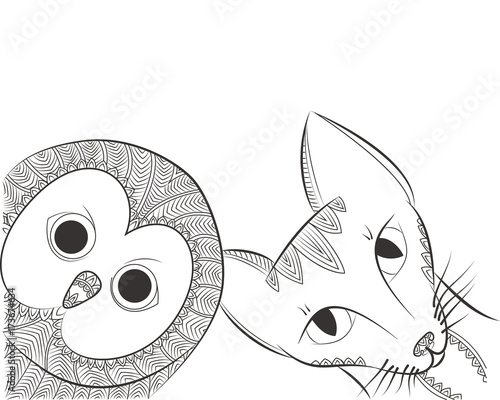 Doodle owl and cat head. Night bird and animal Zen Tangle.