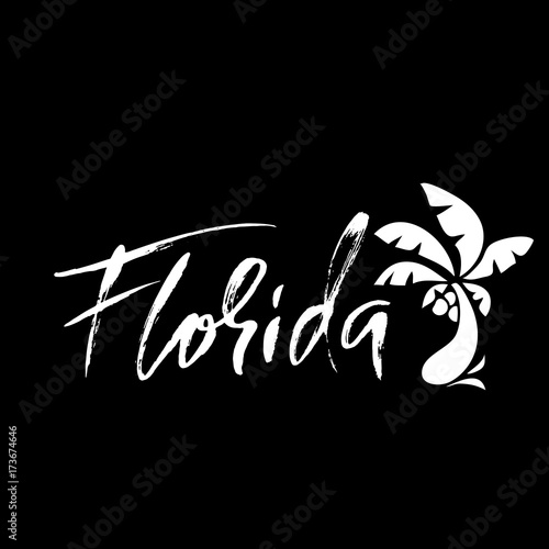 Florida. Modern dry brush lettering. Retro typography print. Vector handwritten inscription. Palm tree icon. USA state.