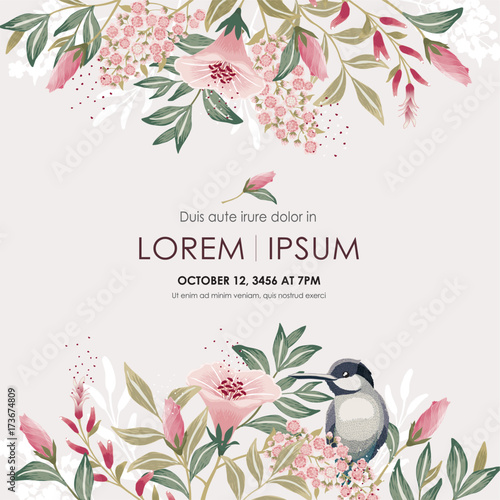  Vector illustration with a cute bird on a floral branch in spring for Wedding, anniversary, birthday and party. Design for banner, poster, card, invitation and scrapbook 