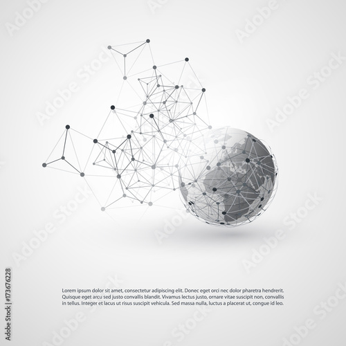 Abstract Cloud Computing and Global Network Connections Concept Design with Transparent Geometric Mesh, Earth Globe - Illustration in Editable Vector Format