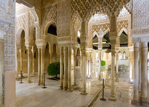 Courtyard of the Lions  in night time, Alhambra.  Granada