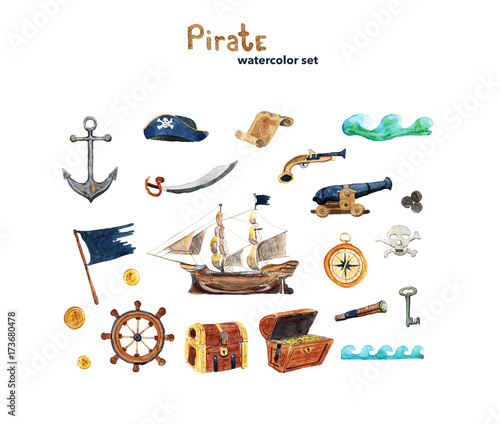 Watercolor hand drawn illustration Pirate set with ship, map, anchor, flag, helm, chest, telescope, compass isolated on white