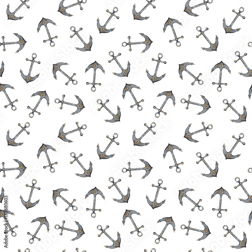 Watercolor hand drawn illustration seamless pattern background with anchors isolated on white