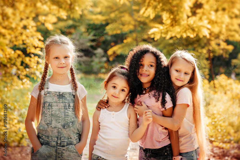 Fototapeta premium Group of Kids Playing Cheerful Park Outdoors. Children Friendship Concept