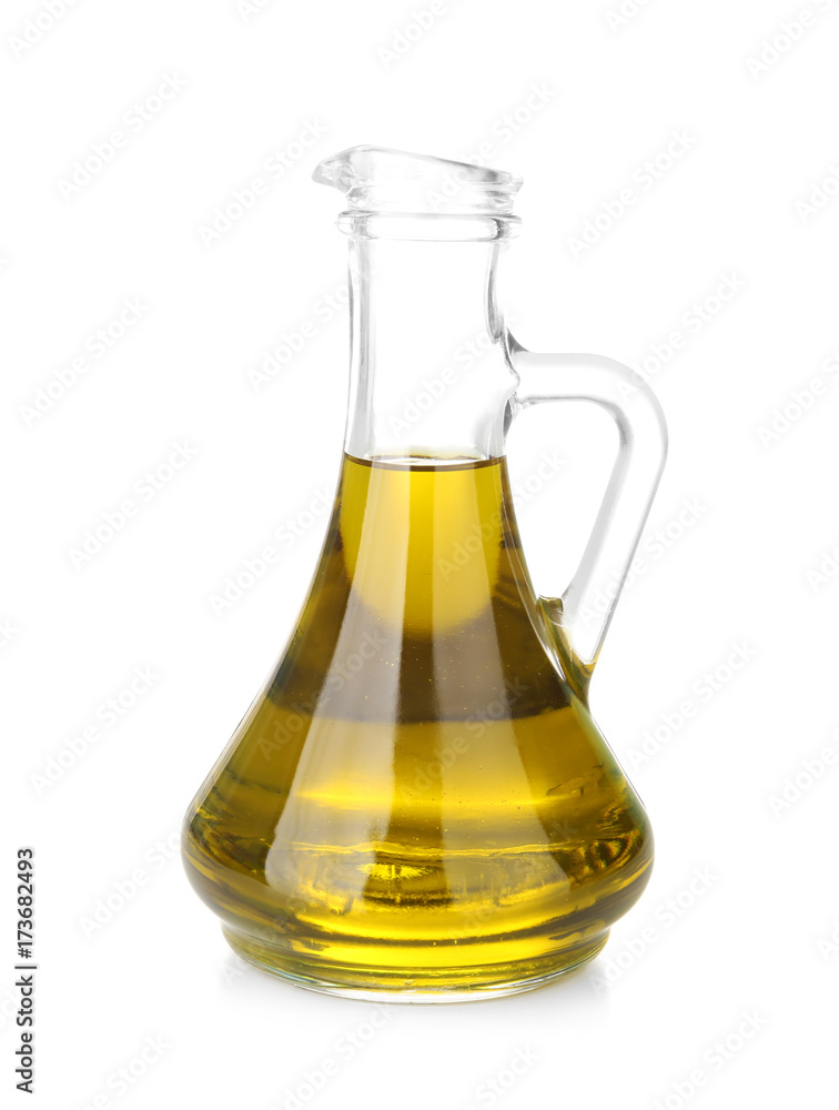 Pitcher with olive oil on white background Pitcher with olive oil on white background