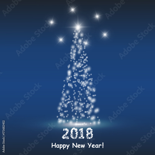 Christmas tree from light vector background. Greeting card or invitation. Eps 10. Merry Christmas and New Year 2018 typographical on holidays background