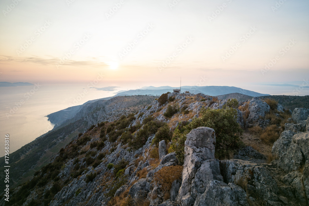 Sunset over Pakleni / Paklinski Islands from the Top of Sveti Nikola - the Highest Mountain on Hvar Island, Dalmatia, Croatia