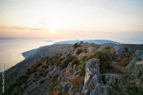 Sunset over Pakleni / Paklinski Islands from the Top of Sveti Nikola - the Highest Mountain on Hvar Island, Dalmatia, Croatia