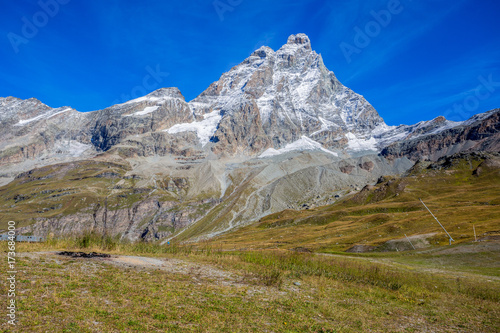 View of Cervino Mount (Matterhorn) from the cableway station of Plan Maison, above the mountain tourist town of Breuil-Cervinia at 2551 mt., in Val D'Aosta,Italy