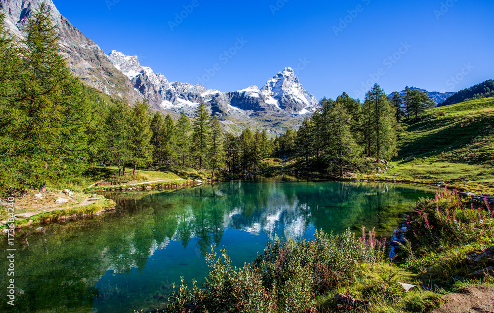 View of the Blue lake (Lago Blu) near Breuil-Cervinia and Cervino Mount (Matterhorn) in Val D'Aosta,Italy