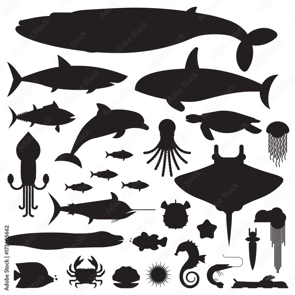 Fototapeta premium Logo lub szablony etykiet podwodnych zwierząt i stworzeń morskich. Ryby morskie i morskie oraz inne kolekcje sylwetek życia wodnego. Płetwal błękitny, devilfish, delfin, orka, ośmiornice, mięczaki ikony.