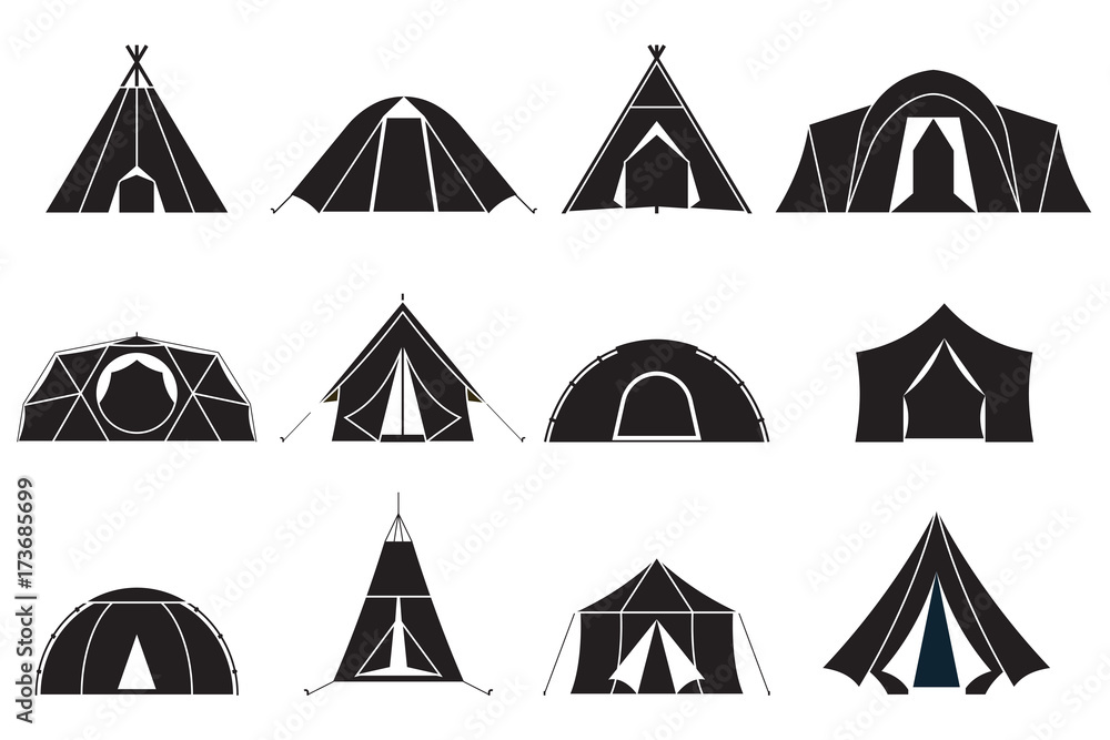 Camping and hiking tent types in outline design. Tourist tents icons collection. Logo or label template. - obrazy, fototapety, plakaty 