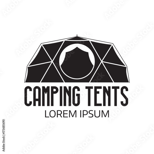 Camping place logo or label template. Outline geodesic tent icon. Hiking and camping tents logotype. photo