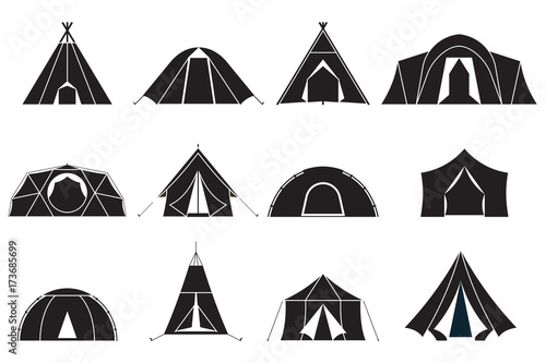 Camping and hiking tent types in outline design. Tourist tents icons collection. Logo or label template. photo