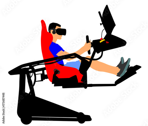 Gamer boy wearing virtual reality goggles playing console vector. Passionate gamer with controller. Digital headphones and 3d glasses vector. Modern cyber simulation, television online fun.