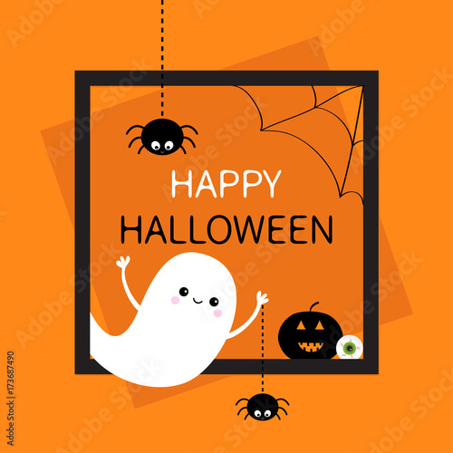 Happy Halloween. Square frame. Flying ghost silhouette. Two black spider dash line. Web corner Pumpkin, eyeball. Cute cartoon baby character. Flat design. Orange background.