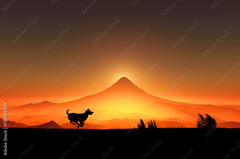 富士山の日の出と走る犬のシルエット Stock イラスト Adobe Stock