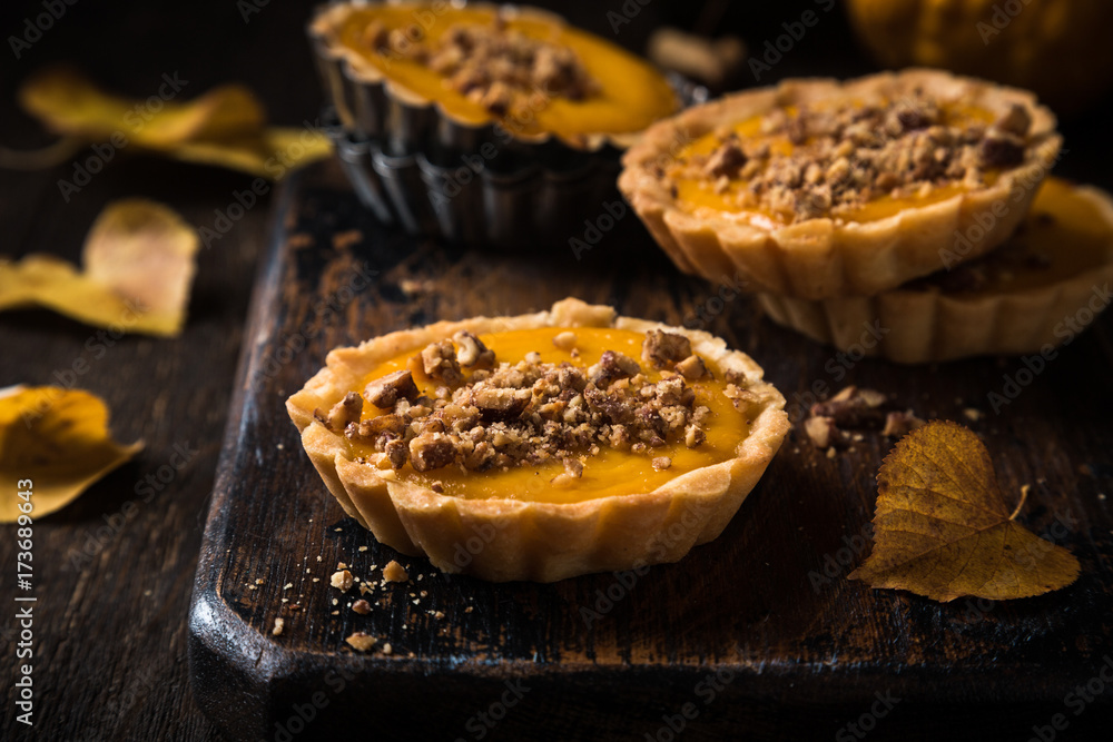 Thanksgiving day concept with homemad pumpkin tartlet, mini pie, on wooden background. Healthy autumn food. Thanksgiving day concept with homemad pumpkin tartlet, mini pie, on wooden background. Healthy autumn food.
