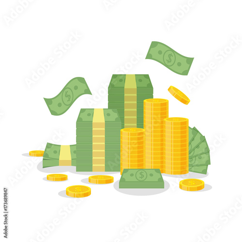 Money bundle and coin stack isolated on white background. Green dollar banknotes, bills fly, gold coins - flat vector illustration