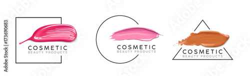 Makeup design template with place for text. Cosmetic Logo concept of liquid foundation, nail polish and lipstick smear strokes.