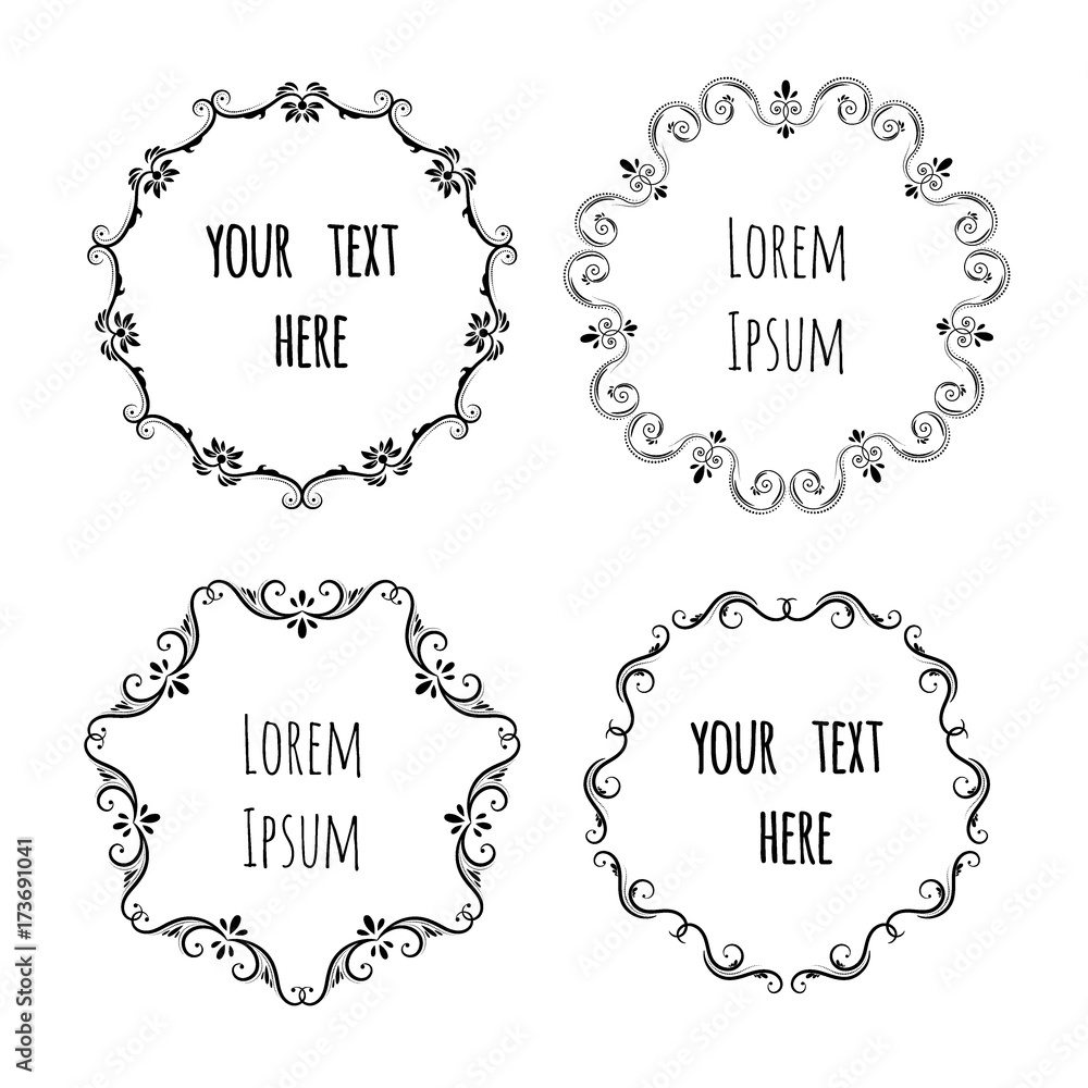 Hand drawn wreath, decorative frames for restaurant menu, boutique, certificare, logo design, wedding cards isolated on white background. Circle template styling element