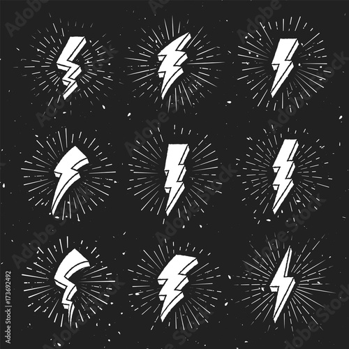Vintage 3D Lightning Bolt Signs on dark Background. Hipster illustration in retro style Template for t-shirt, cover, pack, emblem, sign, sticker, banner, apparel, logo, poster or your art works.