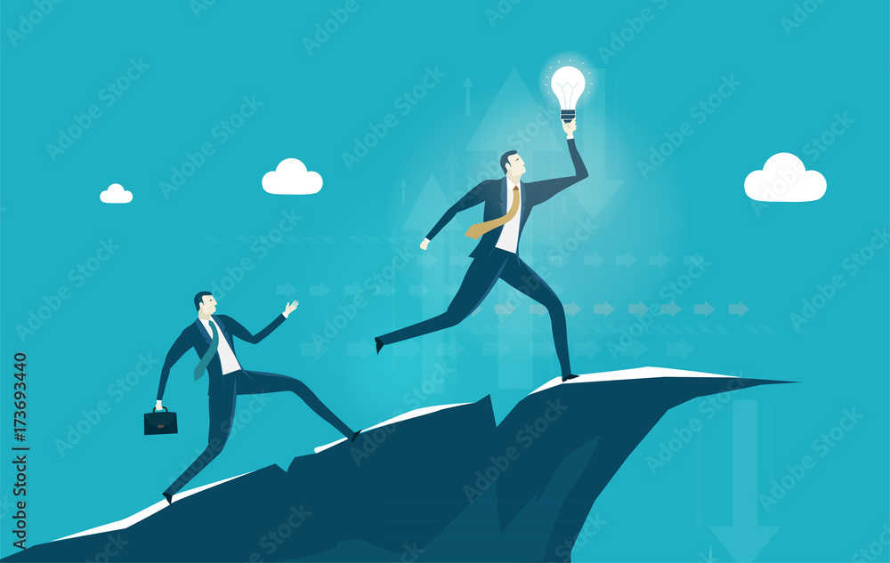 Businessmen running on top of the mountain with light bulb. Winning, competition and success in business concept