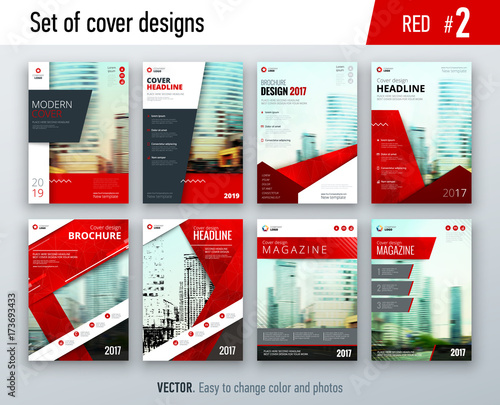 Set of business cover design template in red color for brochure, report, catalog, magazine or booklet. Creative vector background concept