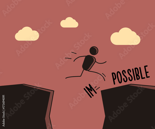 Stick figure businessman jumping over cliff and breaking the impossible into possible. Vector illustration concept in eps10 format