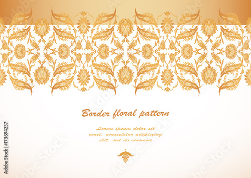Arabesque vintage decor ornate pattern for design template vector. Eastern motif. Floral Border Oriental with place for text. Gold white flowers for save the date and greeting card, wedding invitation