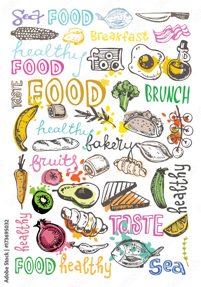 Hand drawn doodle food illustration. Big set Healthy food