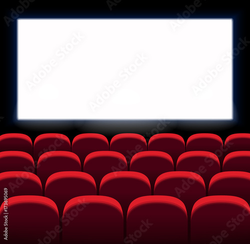 Red vector seats. Movie, cinema design with white screen. Film premiere. Сinema room, hall. 