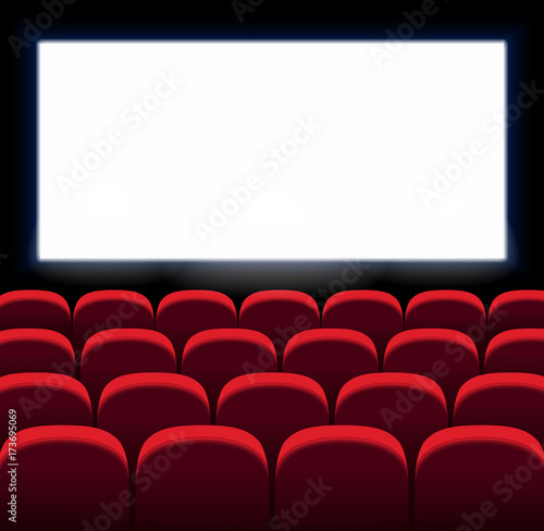 Red vector seats. Movie, cinema design with white screen. Film premiere. Сinema room, hall.
