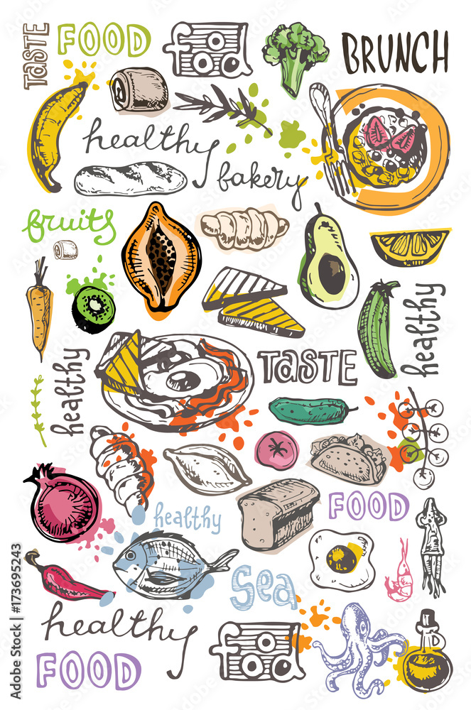 Hand drawn doodle food illustration. Big set Healthy food