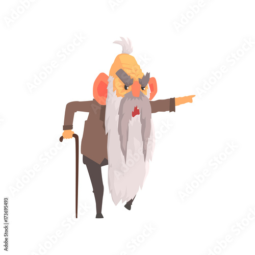 Angry old man with aggressive facial expressions, furious senior man cartoon vector illustration