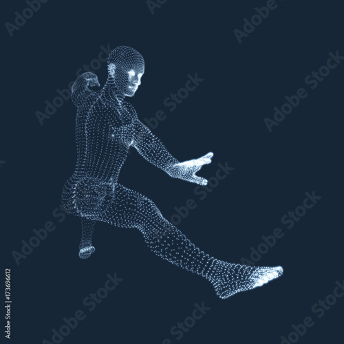 Kickbox Fighter Preparing to Execute a High Kick. Fitness, Sport, Training and Martial Arts Concept. 3D Model of Man. Human Body. Design Element. Vector Illustration. © Login