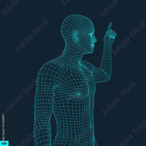 Man Pointing his Finger. 3D Model of Man. Geometric Design. Vector Illustration. 3d Polygonal Covering Skin. Human Polygon Body. Human Body Wire Model.