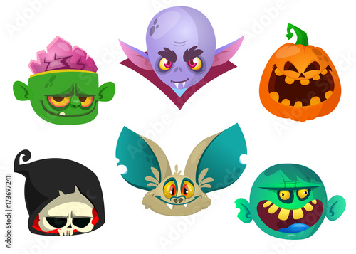 Fototapeta Naklejka Na Ścianę i Meble -  Halloween characters icon set. Cartoon heads of grim reaper, bat, pumpkin Jack o lntern, zombie, vampire. Vector isolated