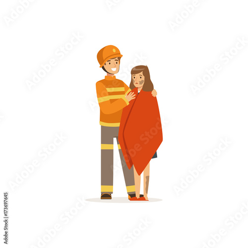 Fireman character in uniform and protective helmet rescuing a man from fire, firefighter at work vector illustration
