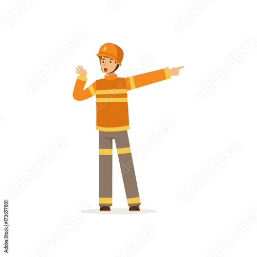 Fireman character in uniform and protective helmet talking and pointing his finger to the right, firefighter at work vector illustration