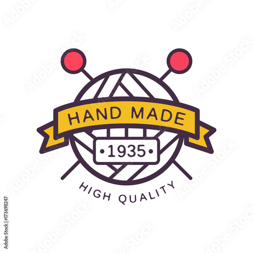 Handmade logo template, high quality since 1935, retro needlework craft badge, knitting and crochet element