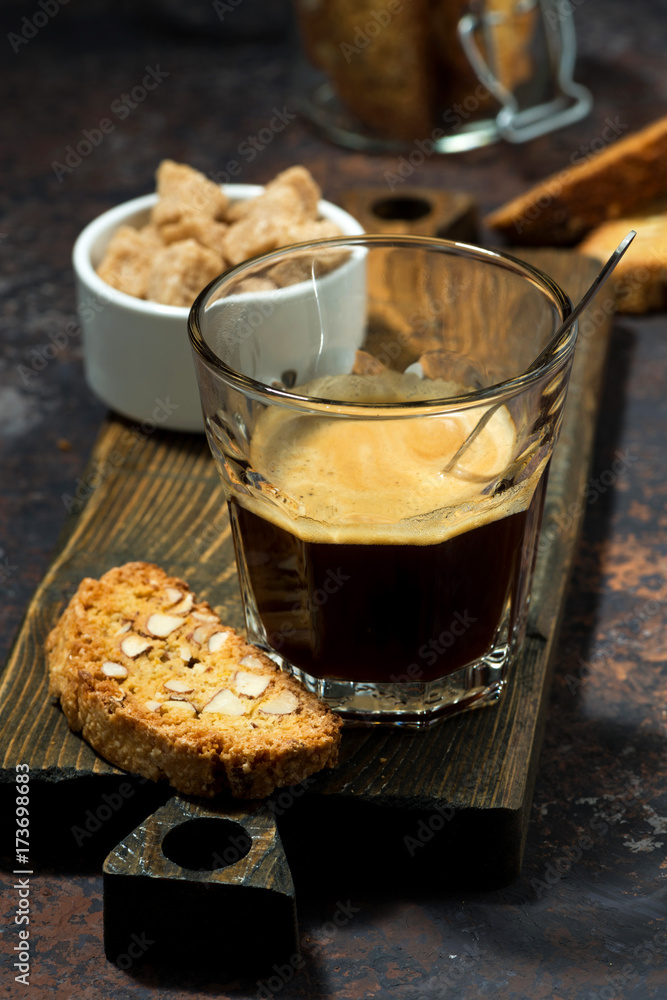Italian dessert, espresso and cantucci cookies, vertical Italian dessert, espresso and cantucci cookies, vertical