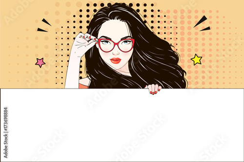 Comic Pop art long hair woman holds her glasses and white banner. Vector illustration.