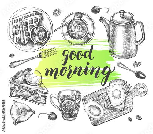 Breakfast set. Kettle, coffee in a cup, tea, waffles on a plate, apple pie, toast. Food elements collection. Vector ink hand drawn illustration with modern brush calligraphy style lettering.