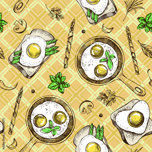 Wallpaper Mural Decorative seamless pattern with ink hand-drawn food - fried eggs in a frying pan and toast. Breakfast elements texture. Vector illustration. Torontodigital.ca