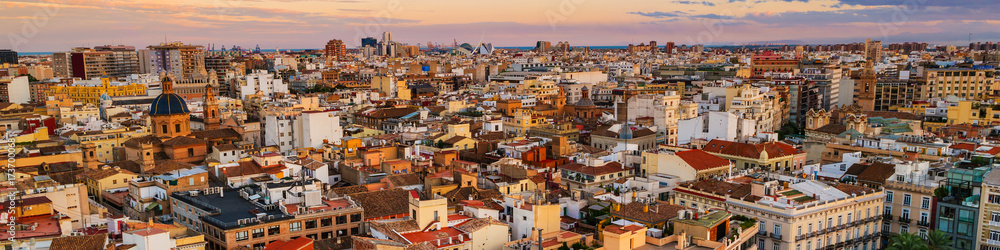 Aerial view of Valencia, Spain in the evening