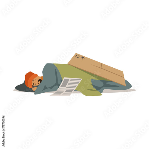 Homeless man character sleeping on the street, unemployment man needing help vector illustration