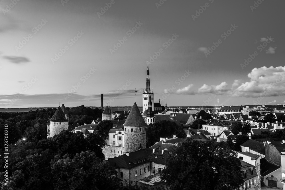 Aerial view of Tallinn, Estonia at sunset. Black and white Aerial view of Tallinn, Estonia at sunset. Black and white